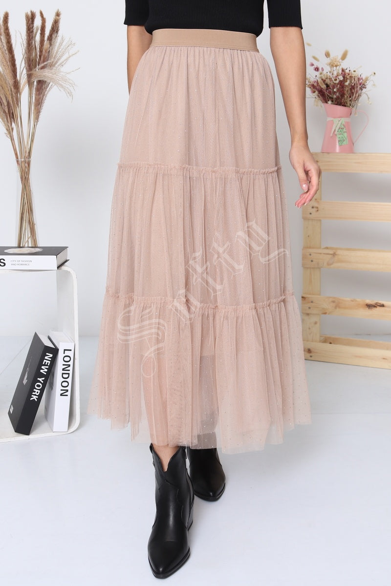 Jupe longue en tulle avec nœud pour femme - Taille haute, abricot Jupe longue en tulle avec nœud pour femme - Taille haute, abricot
