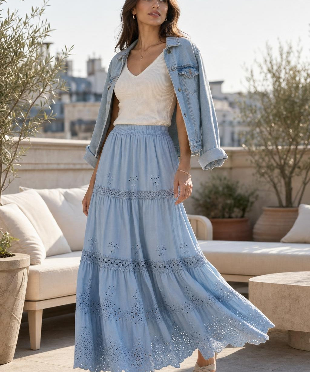 Jupe longue broderie anglaise Églantine