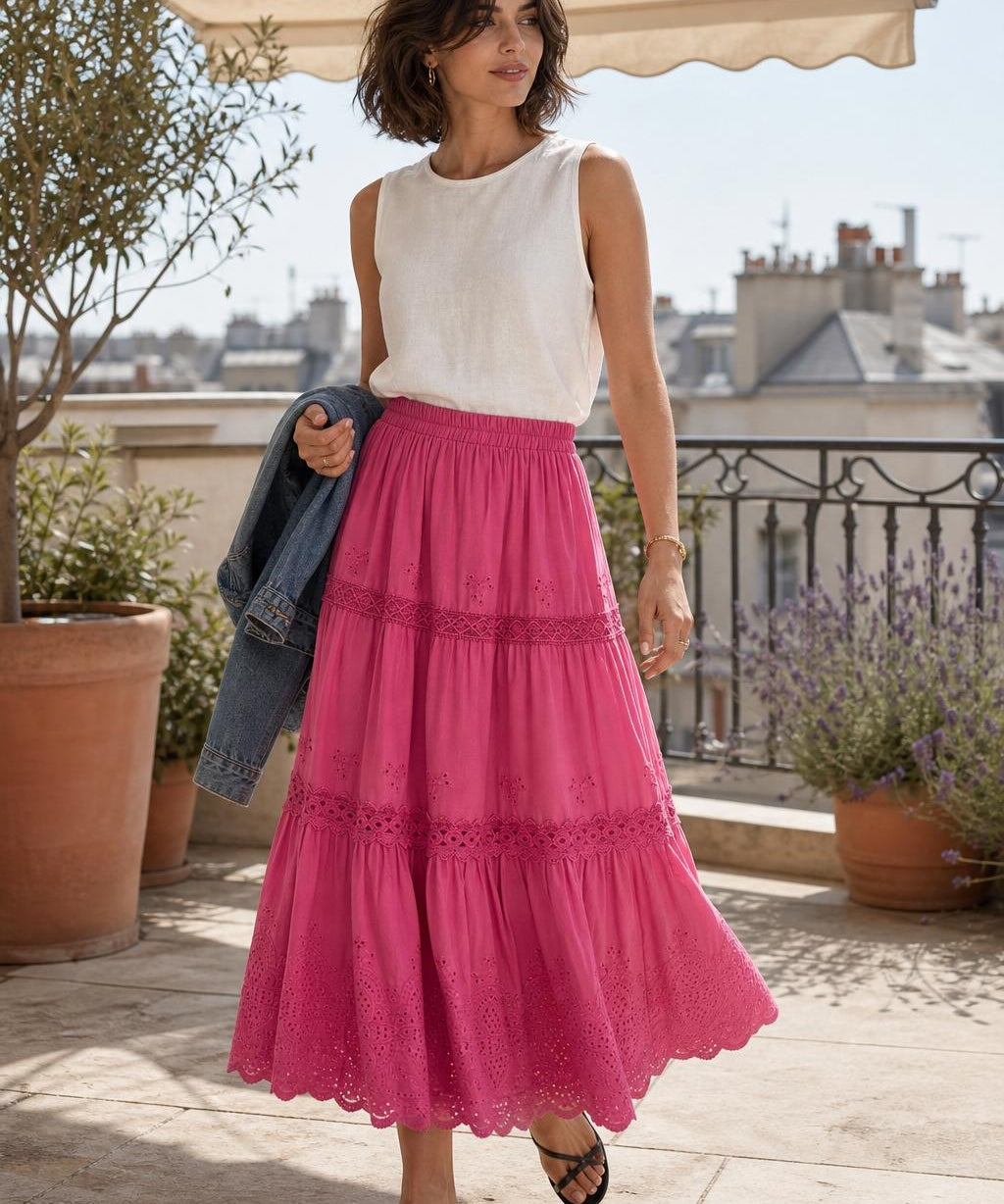 Jupe longue broderie anglaise Églantine