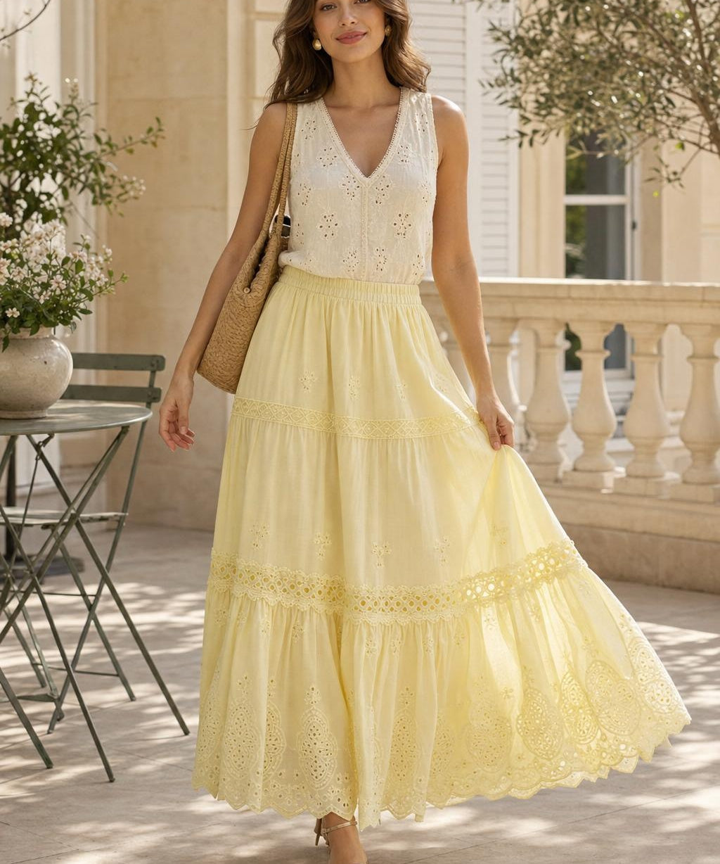 Jupe longue broderie anglaise Églantine