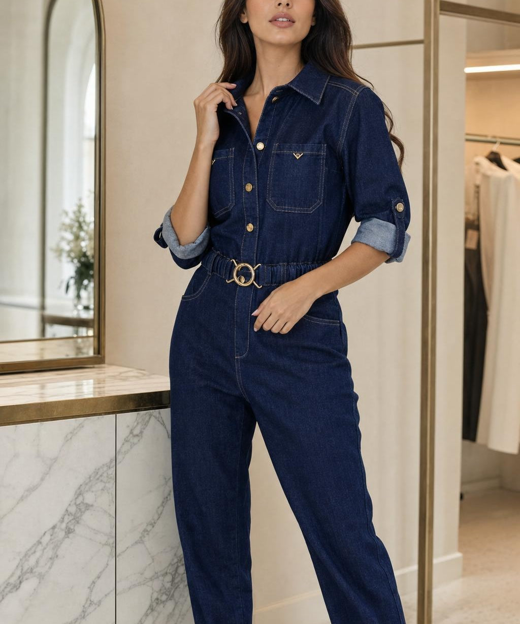 Combinaison denim ceinturée Romane couleur Bleu denim - Softy Paris