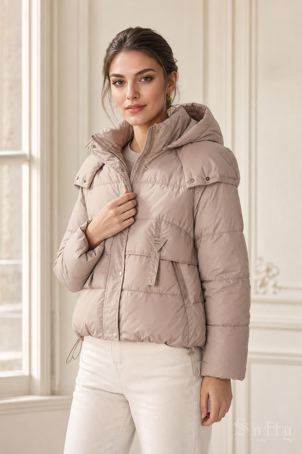 Doudoune courte capuche Philomene couleur Beige - Softy Paris