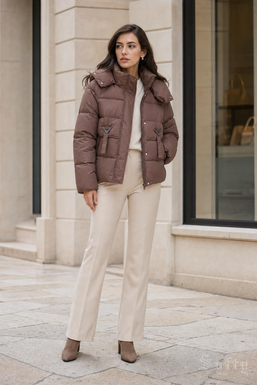Doudoune courte capuche Philomene couleur Choco - Softy Paris