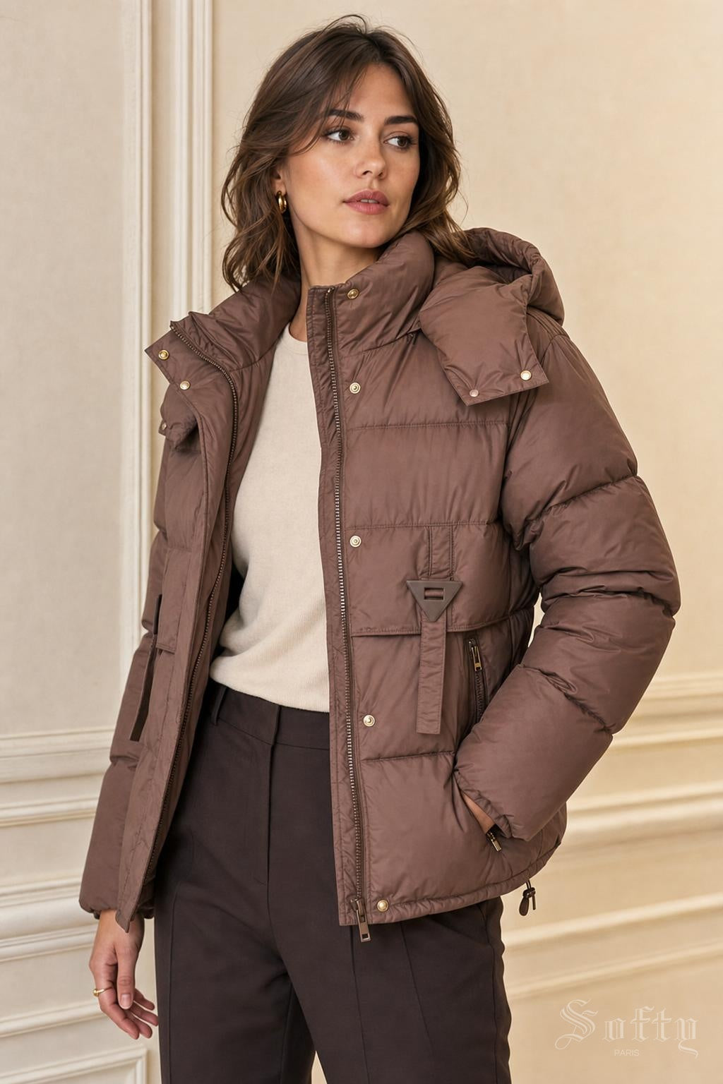 Doudoune courte capuche Philomene couleur Choco - Softy Paris
