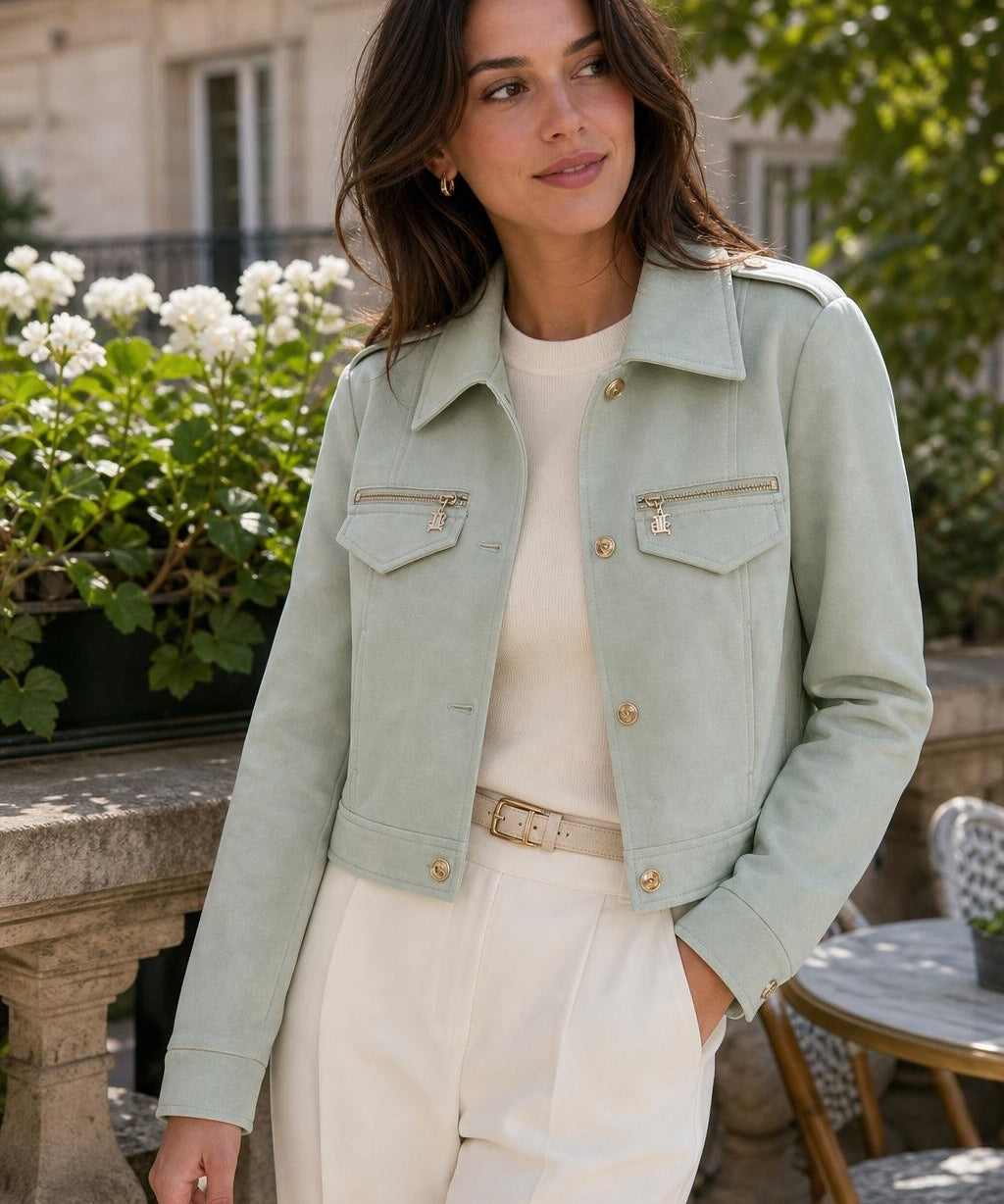 Veste effet daim boutons dorés Salomé