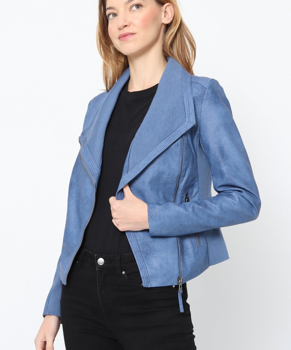 Blouson simili cuir col revers bord coté S6571