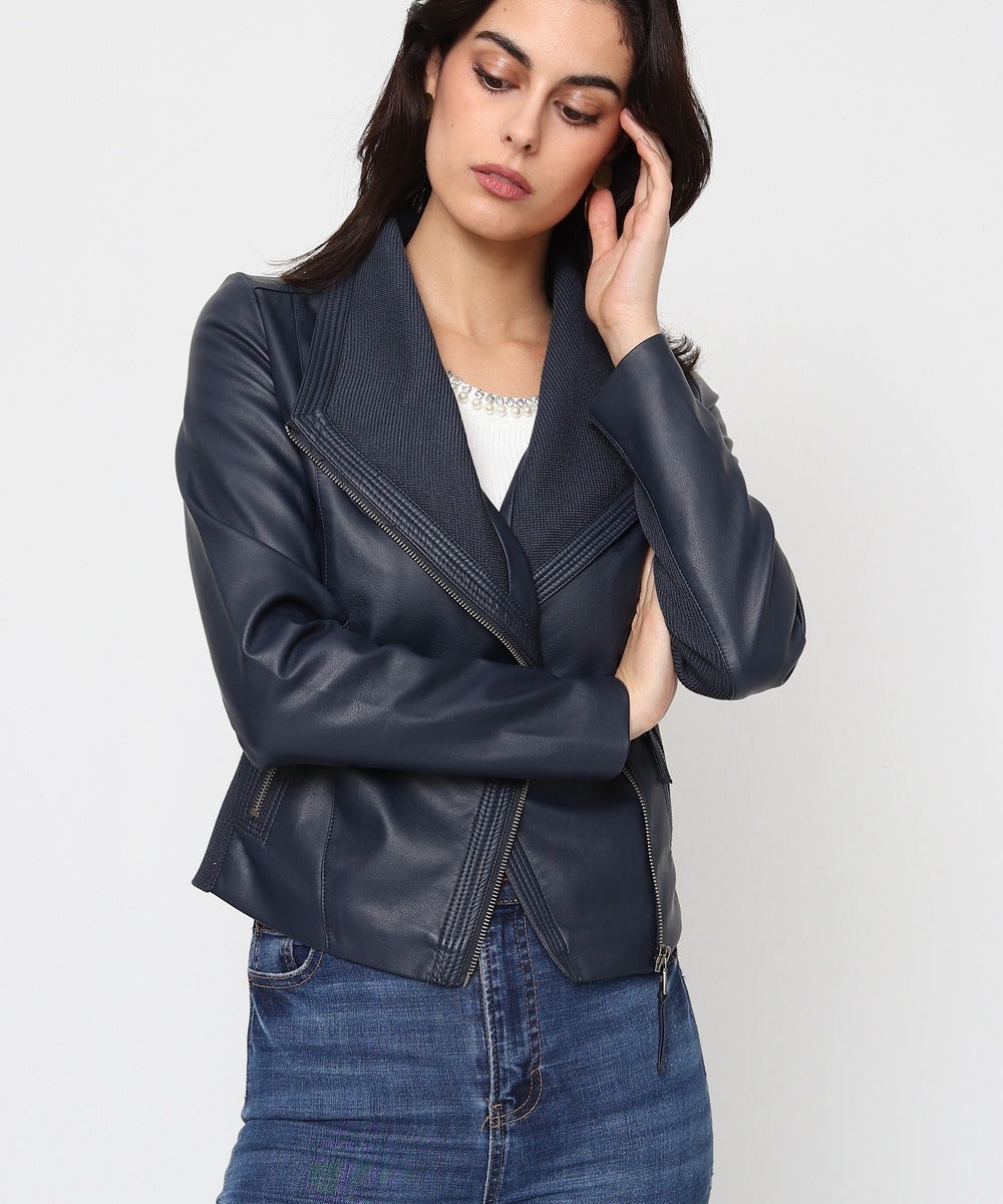 Blouson simili cuir col revers bord coté S6571