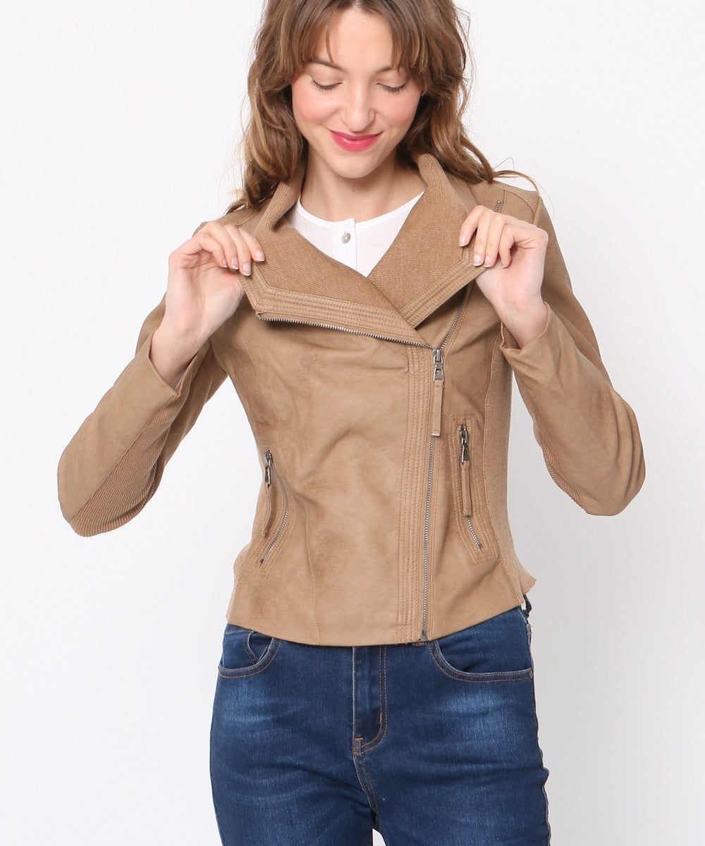 Blouson simili cuir col revers bord coté S6571