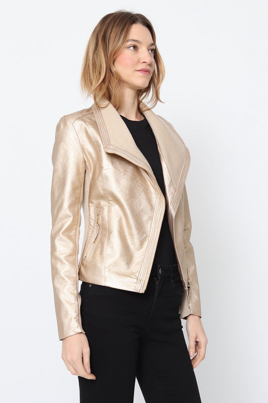 Blouson simili cuir col revers bord coté S6571