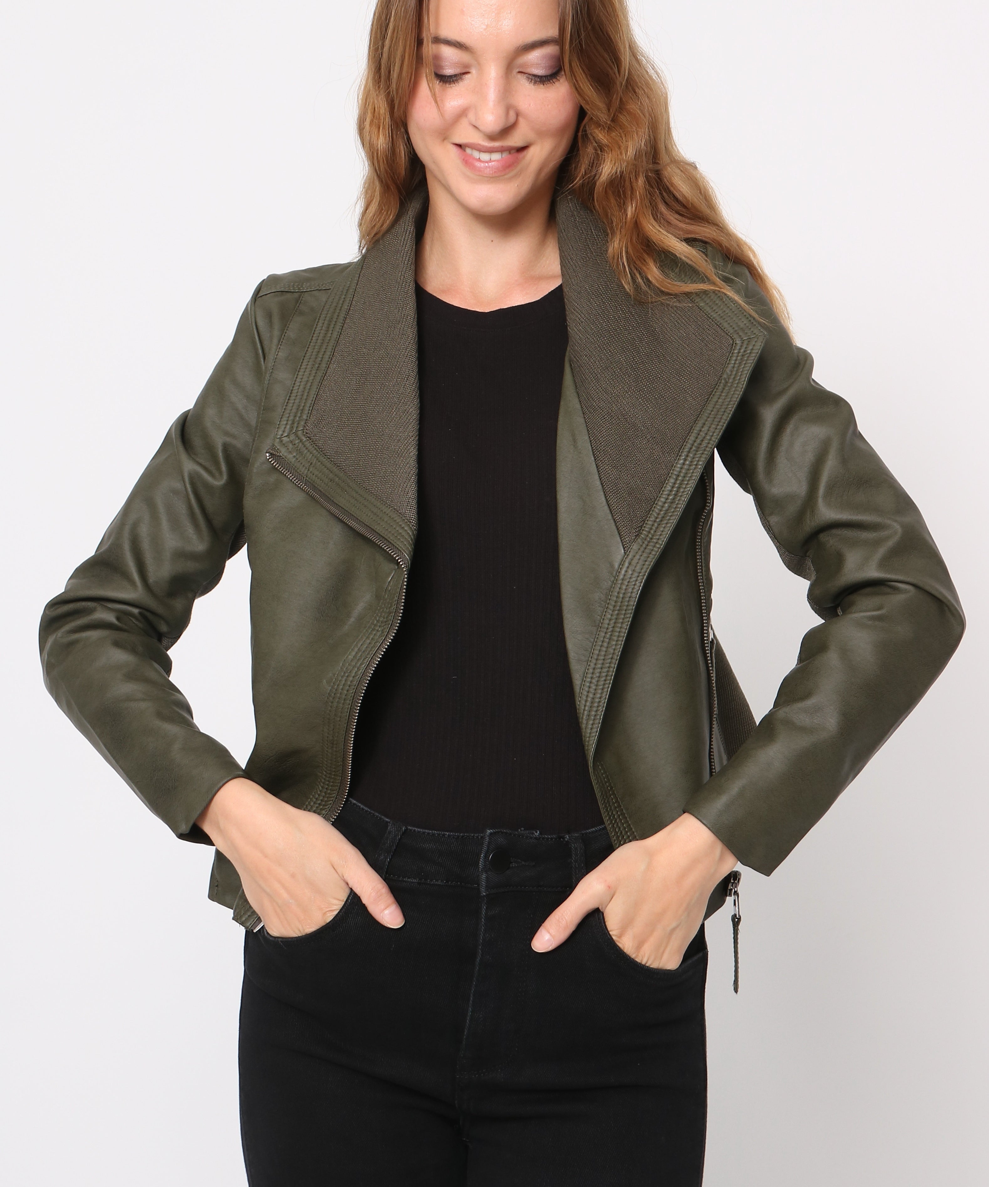 Blouson simili cuir col revers bord coté S6571