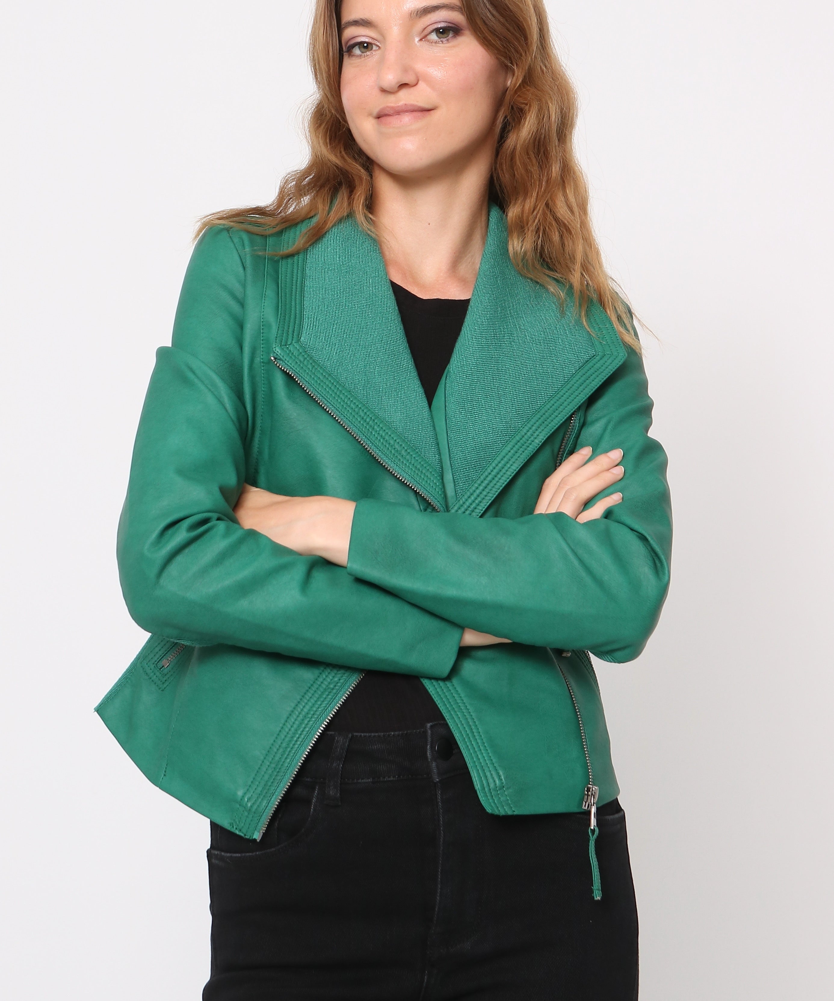 Blouson simili cuir col revers bord coté S6571