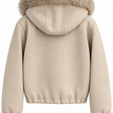 Veste courte à capuche bordée de fausse fourrure