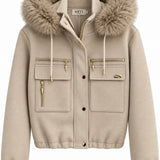 Veste courte à capuche bordée de fausse fourrure