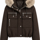 Veste courte à capuche bordée de fausse fourrure