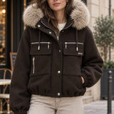 Veste courte à capuche bordée de fausse fourrure