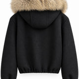 Veste courte à capuche bordée de fausse fourrure