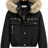 Veste courte à capuche bordée de fausse fourrure