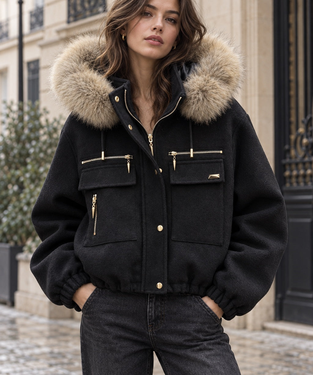 Veste courte à capuche bordée de fausse fourrure